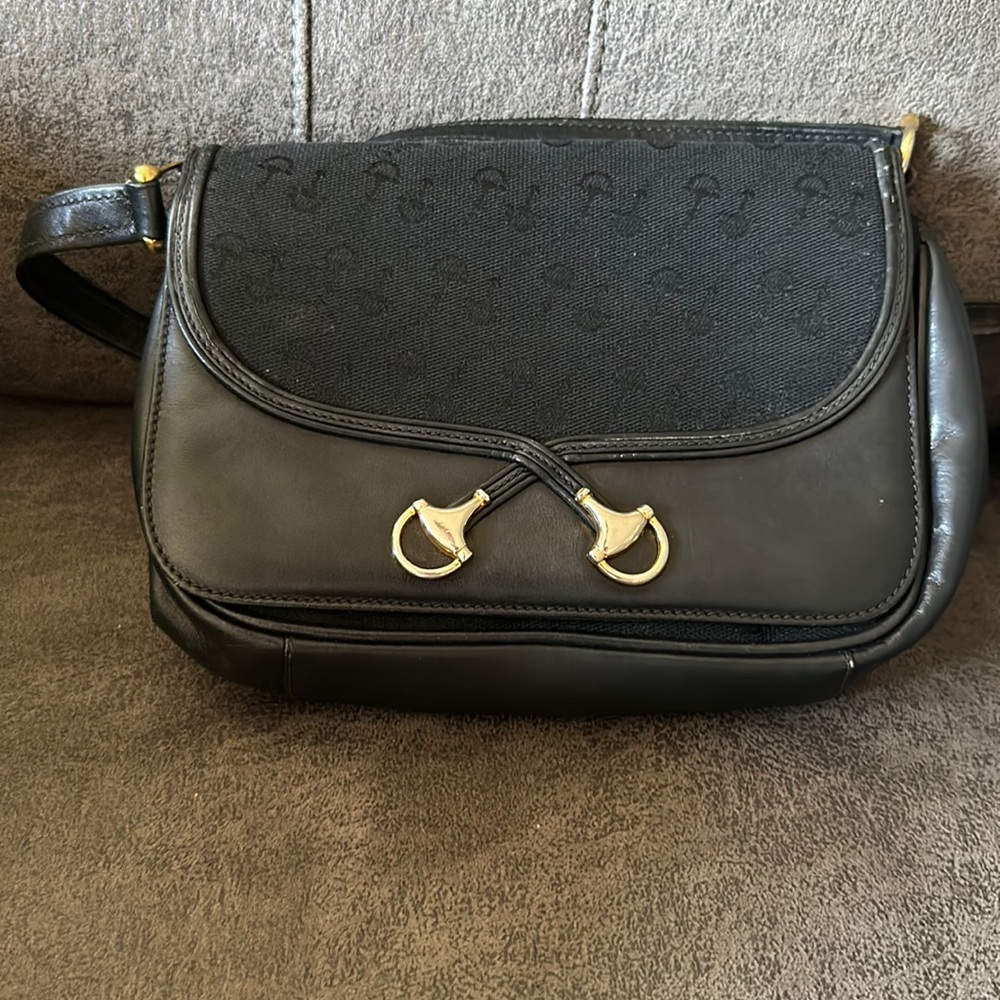 GUCCI: RARE vintage “Saddle Strap” pattern canvas and leather shoulder bag